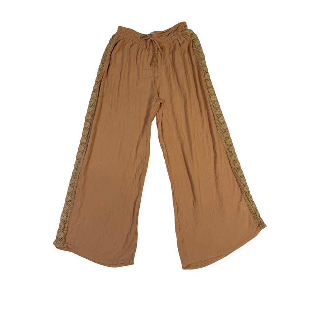 Salty Lemon Women Tan Crinkle Rayon 2 Piece Set Smocked Top Wide Leg Pants L - Picture 4 of 13